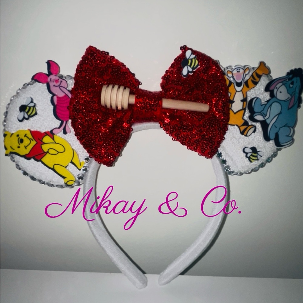 Red Sequin Bow Headband with Winnie the Pooh Characters